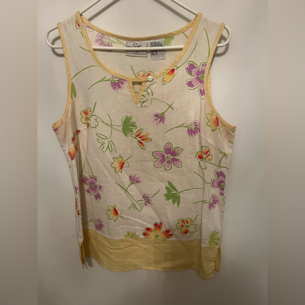 Used Studio Ease Linen Blend Sleveless Pant suit Pink & Yellow Floral 8